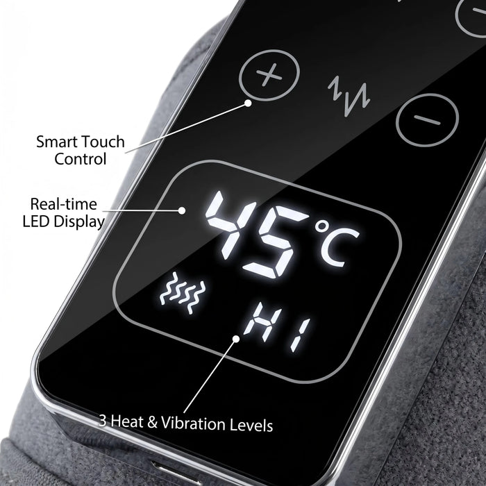 Close-up of the touch controller: the LED display reading 45 degrees Celsius, with the plus and minus keys for heat and vibration