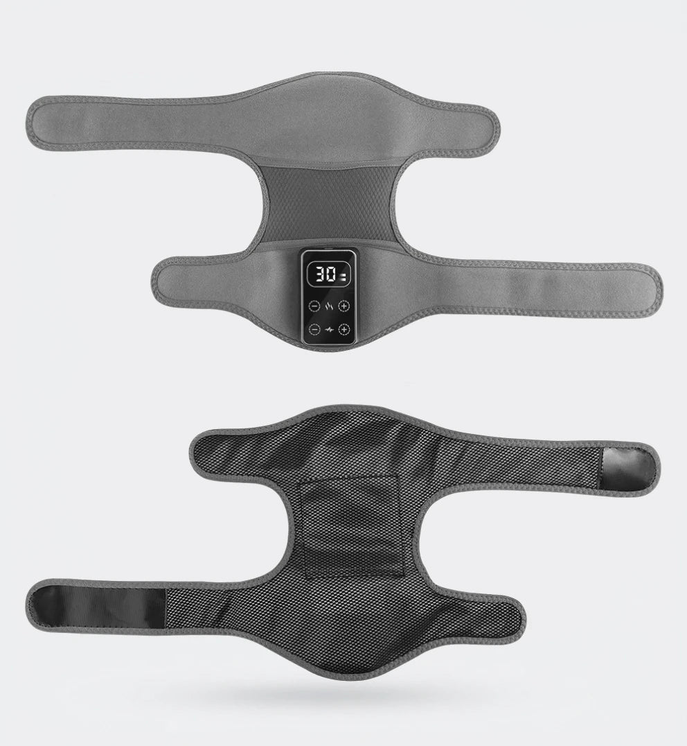 The wrap laid flat, outside and inside: the grey outer with the controller, and the mesh inner face with its two strap ends
